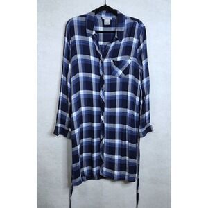 BLL NYC Blue Plaid Long Sleeve Button Front Shirt Dress LG